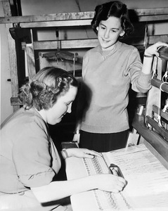 Deaf-blind students -- Jean Watts at a loom and Roberta Wadman